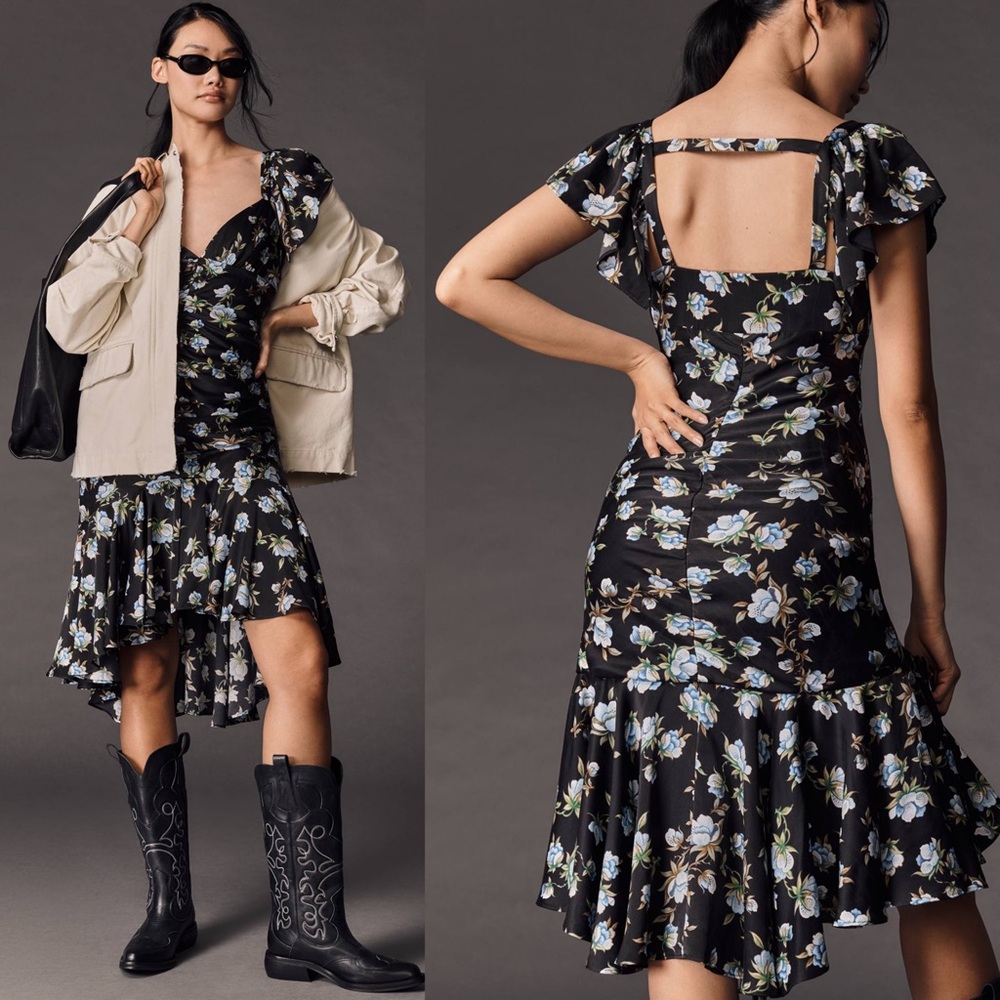 By Anthropologie Sweetheart Ruched Drop-Waist Dress Satin Floral Medium NWT